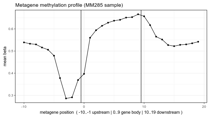Metagene methylation profile: promoter dip, gene-body rise, downstream return